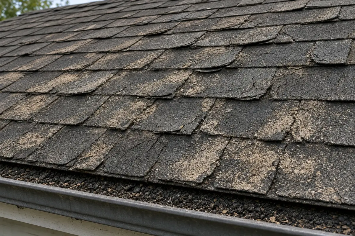 Worn shingles: curling edges and bare patches where granules have washed off.